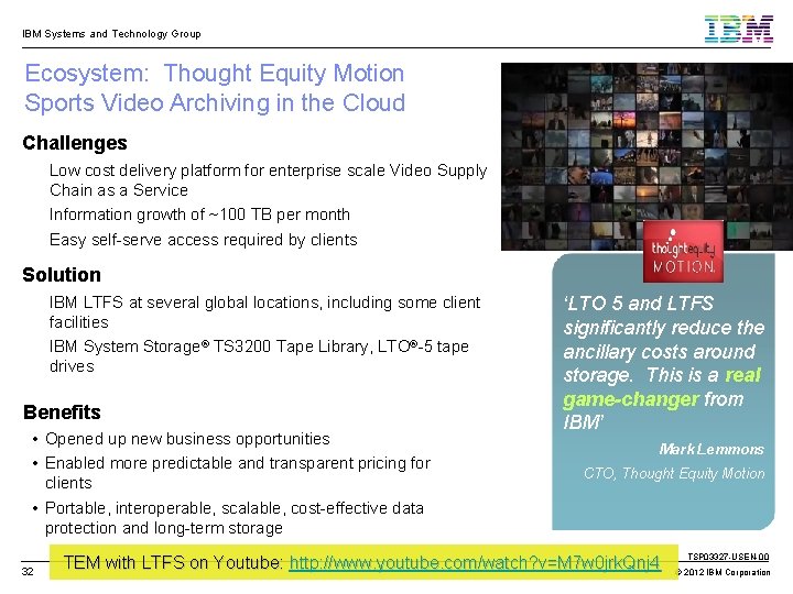 IBM Systems and Technology Group Ecosystem: Thought Equity Motion Sports Video Archiving in the