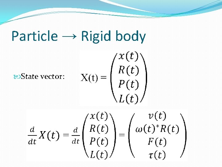 Particle → Rigid body State vector: 