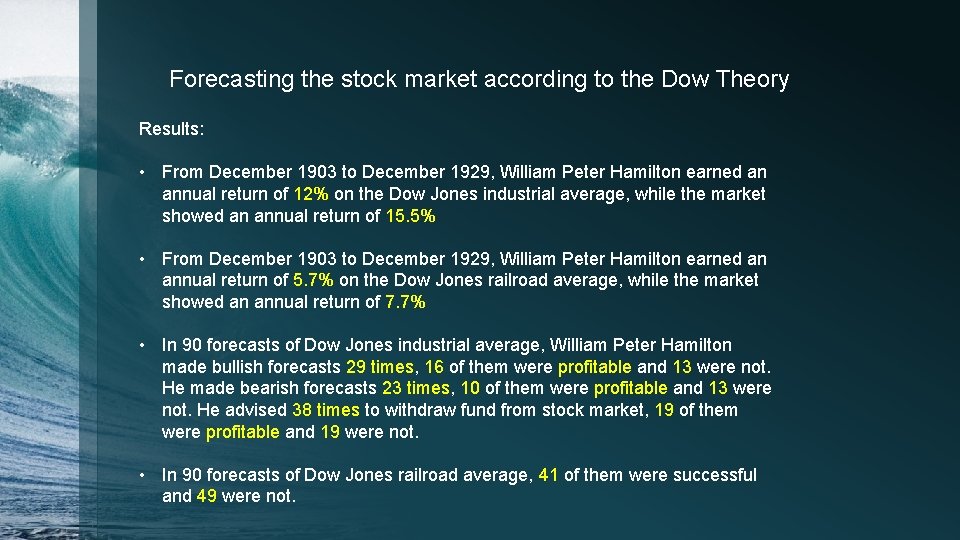 Forecasting the stock market according to the Dow Theory Results: • From December 1903