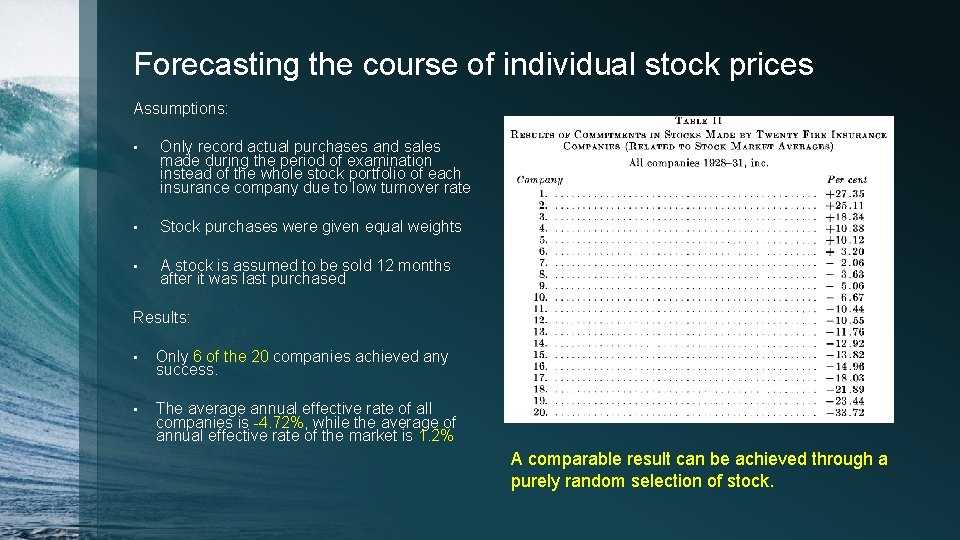 Forecasting the course of individual stock prices Assumptions: • Only record actual purchases and