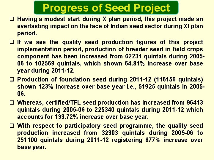 Progress of Seed Project q Having a modest start during X plan period, this