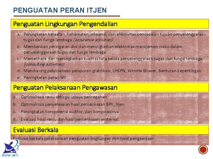 PENGUATAN PERAN ITJEN Penguatan Lingkungan Pengendalian a. Peningkatan ketaatan, kehematan, efisiensi, dan efektivitas pencapaian