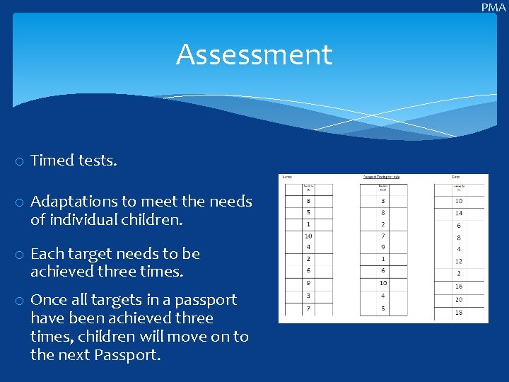 PMA Assessment o Timed tests. o Adaptations to meet the needs of individual children.