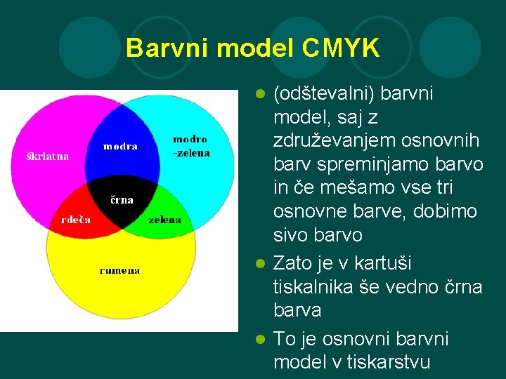 Barvni model CMYK (odštevalni) barvni model, saj z združevanjem osnovnih barv spreminjamo barvo in