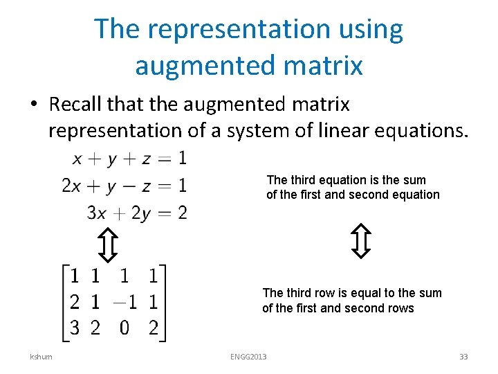 The representation using augmented matrix • Recall that the augmented matrix representation of a