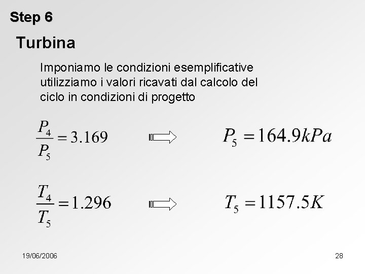 Step 6 Turbina Imponiamo le condizioni esemplificative utilizziamo i valori ricavati dal calcolo del
