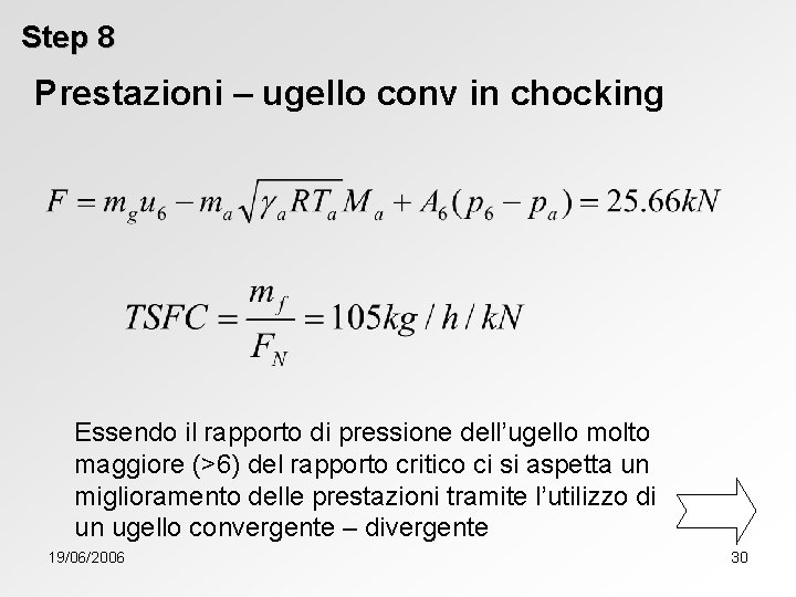 Step 8 Prestazioni – ugello conv in chocking Essendo il rapporto di pressione dell’ugello