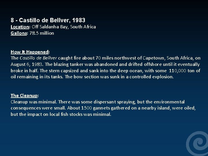  8 - Castillo de Bellver, 1983 Location: Off Saldanha Bay, South Africa Gallons: