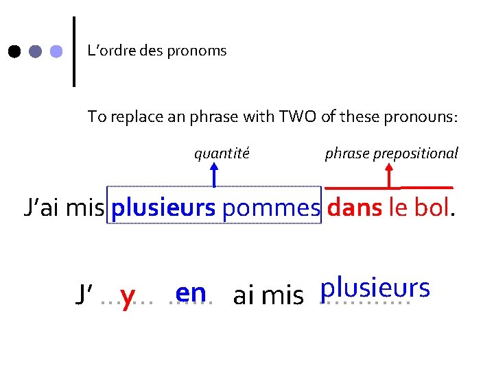 L’ordre des pronoms To replace an phrase with TWO of these pronouns: quantité phrase