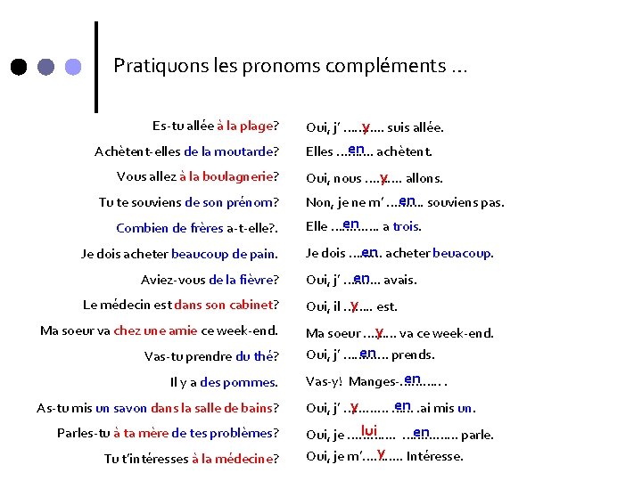 Pratiquons les pronoms compléments … Es-tu allée à la plage? Achètent-elles de la moutarde?