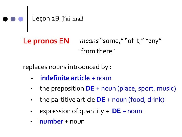 Leçon 2 B: J’ai Le pronos EN mal! means “some, ” “of it, ”