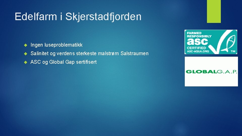 Edelfarm i Skjerstadfjorden Ingen luseproblematikk Salinitet og verdens sterkeste malstrøm Salstraumen ASC og Global