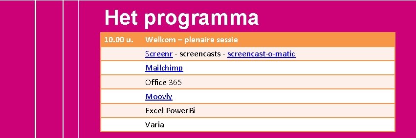 Het programma 10. 00 u. Welkom – plenaire sessie Screenr - screencasts - screencast-o-matic