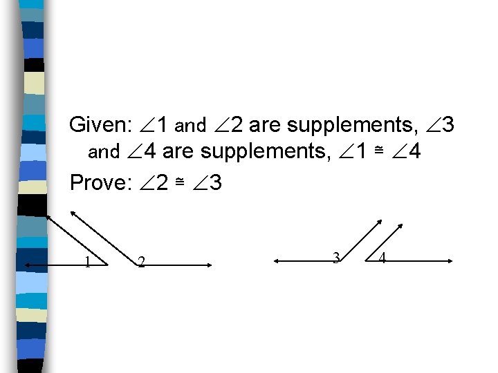Given: 1 and 2 are supplements, 3 and 4 are supplements, 1 ≅ 4