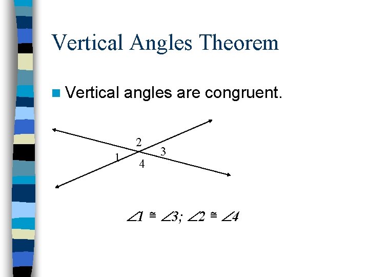 Vertical Angles Theorem n Vertical angles are congruent. 2 1 4 3 1 ≅