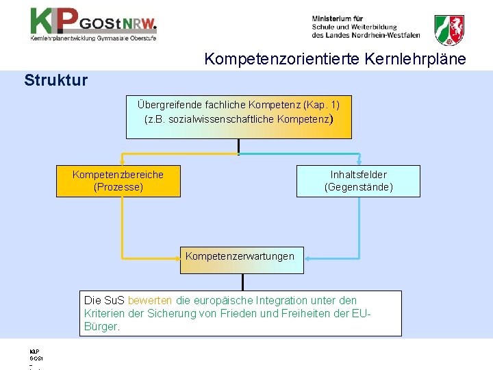 Kompetenzorientierte Kernlehrpläne Struktur Übergreifende fachliche Kompetenz (Kap. 1) (z. B. sozialwissenschaftliche Kompetenz) Kompetenzbereiche (Prozesse)