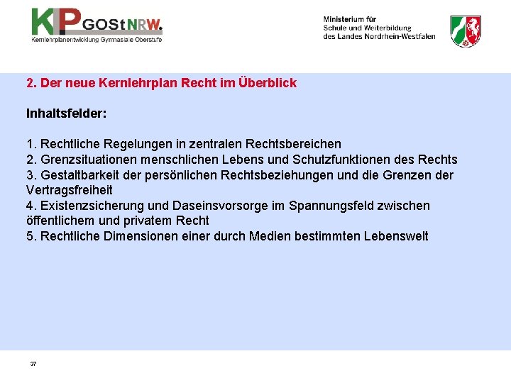 2. Der neue Kernlehrplan Recht im Überblick Inhaltsfelder: 1. Rechtliche Regelungen in zentralen Rechtsbereichen