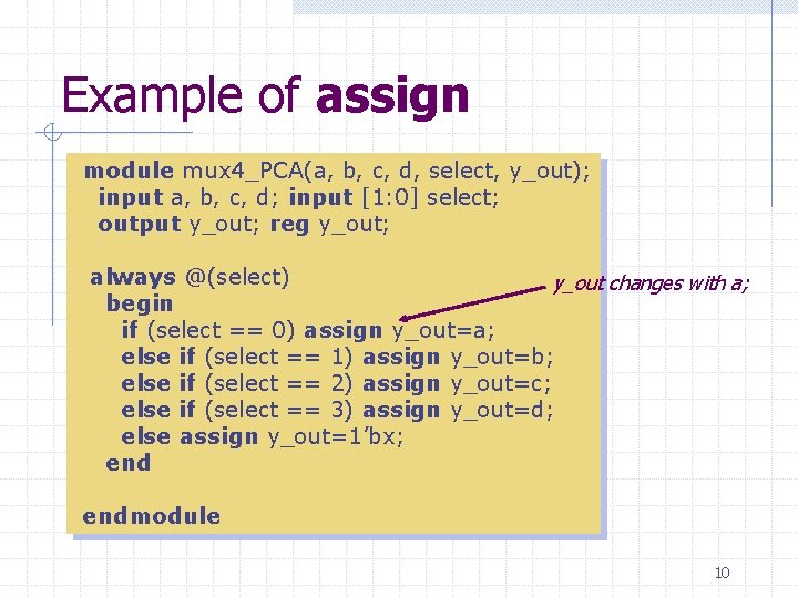 Example of assign module mux 4_PCA(a, b, c, d, select, y_out); input a, b,