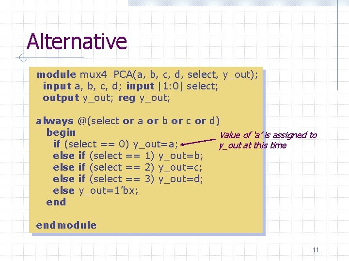 Alternative module mux 4_PCA(a, b, c, d, select, y_out); input a, b, c, d; Alternative module mux 4_PCA(a, b, c, d, select, y_out); input a, b, c, d;
