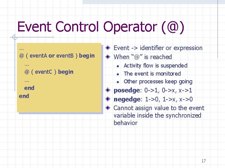 Event Control Operator (@) … @ ( event. A or event. B ) begin