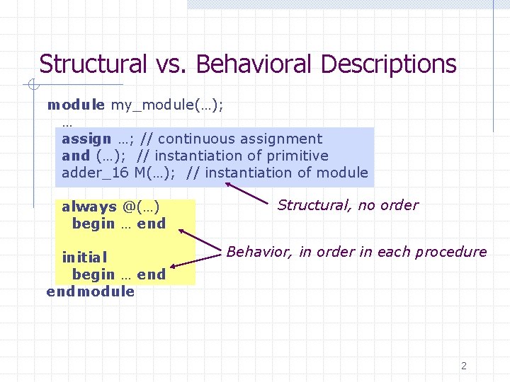 Structural vs. Behavioral Descriptions module my_module(…); … assign …; // continuous assignment and (…);