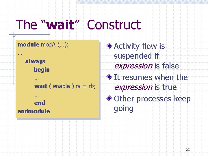 The “wait” Construct module mod. A (…); … always begin … wait ( enable The “wait” Construct module mod. A (…); … always begin … wait ( enable