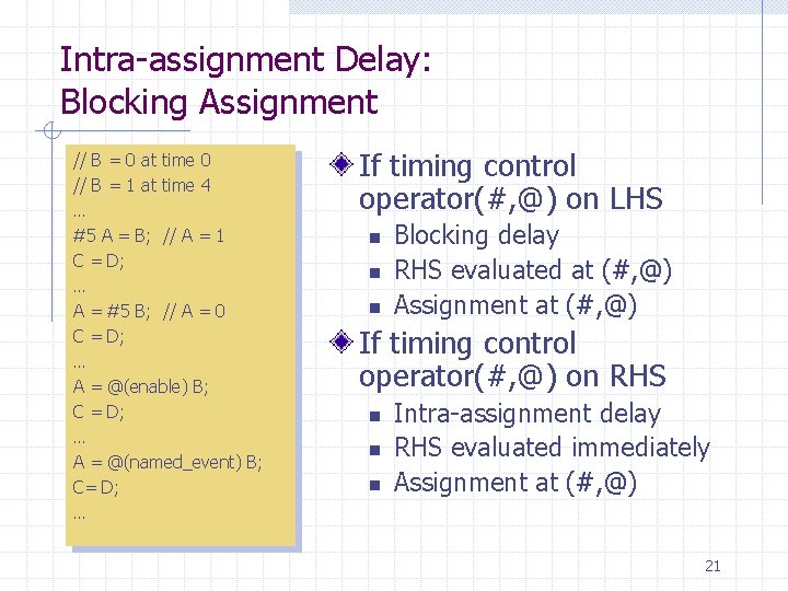 Intra-assignment Delay: Blocking Assignment // B = 0 at time 0 // B = Intra-assignment Delay: Blocking Assignment // B = 0 at time 0 // B =