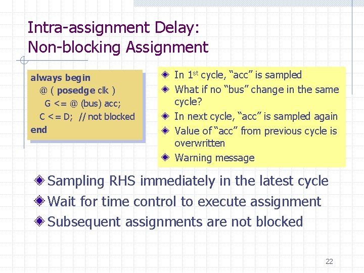 Intra-assignment Delay: Non-blocking Assignment always begin @ ( posedge clk ) G <= @