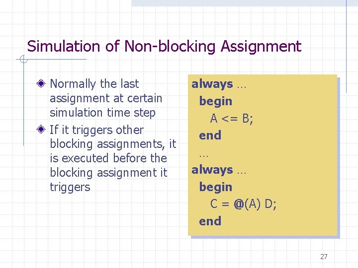 Simulation of Non-blocking Assignment Normally the last assignment at certain simulation time step If Simulation of Non-blocking Assignment Normally the last assignment at certain simulation time step If