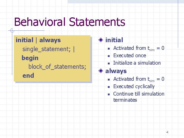 Behavioral Statements initial | always single_statement; | begin block_of_statements; end initial n n n