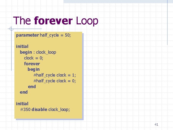 The forever Loop parameter half_cycle = 50; initial begin : clock_loop clock = 0; The forever Loop parameter half_cycle = 50; initial begin : clock_loop clock = 0;