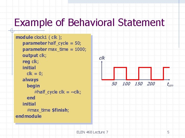 Example of Behavioral Statement module clock 1 ( clk ); parameter half_cycle = 50;