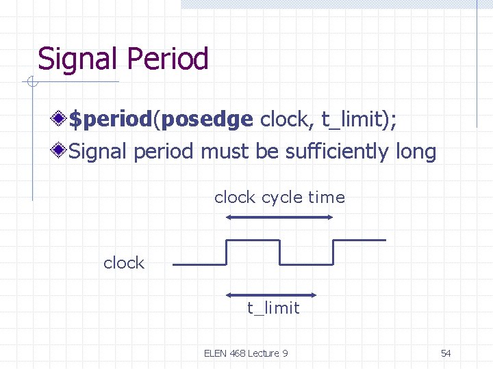 Signal Period $period(posedge clock, t_limit); Signal period must be sufficiently long clock cycle time Signal Period $period(posedge clock, t_limit); Signal period must be sufficiently long clock cycle time