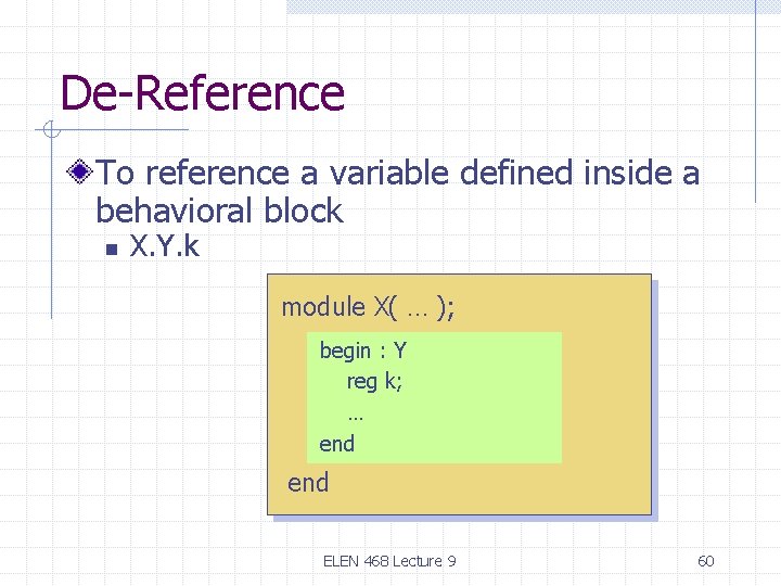 De-Reference To reference a variable defined inside a behavioral block n X. Y. k De-Reference To reference a variable defined inside a behavioral block n X. Y. k