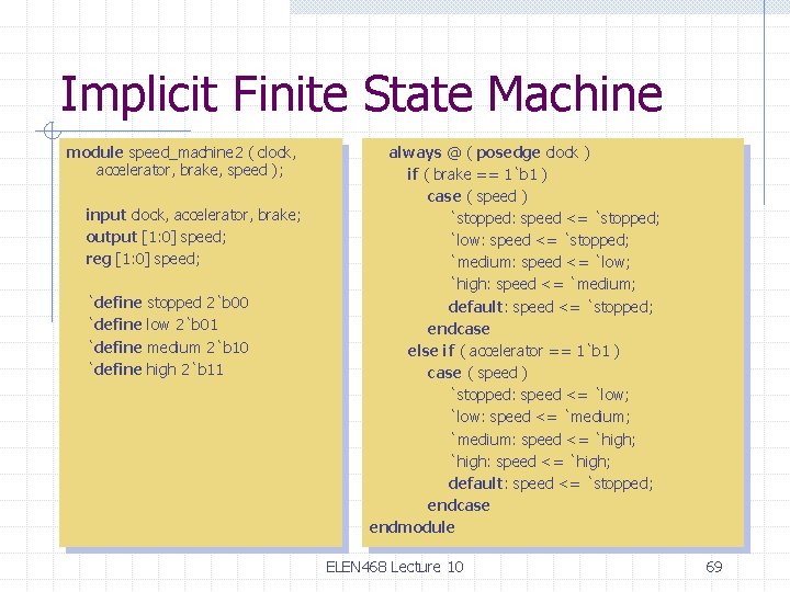 Implicit Finite State Machine module speed_machine 2 ( clock, accelerator, brake, speed ); input