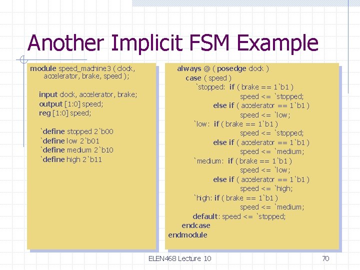 Another Implicit FSM Example module speed_machine 3 ( clock, accelerator, brake, speed ); input Another Implicit FSM Example module speed_machine 3 ( clock, accelerator, brake, speed ); input