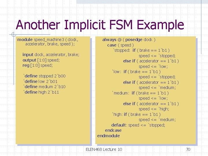 Another Implicit FSM Example module speed_machine 3 ( clock, accelerator, brake, speed ); input