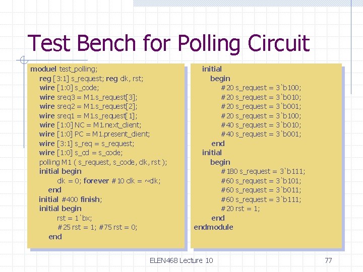 Test Bench for Polling Circuit moduel test_polling; reg [3: 1] s_request; reg clk, rst;