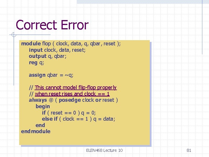 Correct Error module flop ( clock, data, q, qbar, reset ); input clock, data,