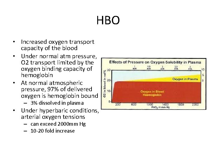 HBO • Increased oxygen transport capacity of the blood • Under normal atm pressure,