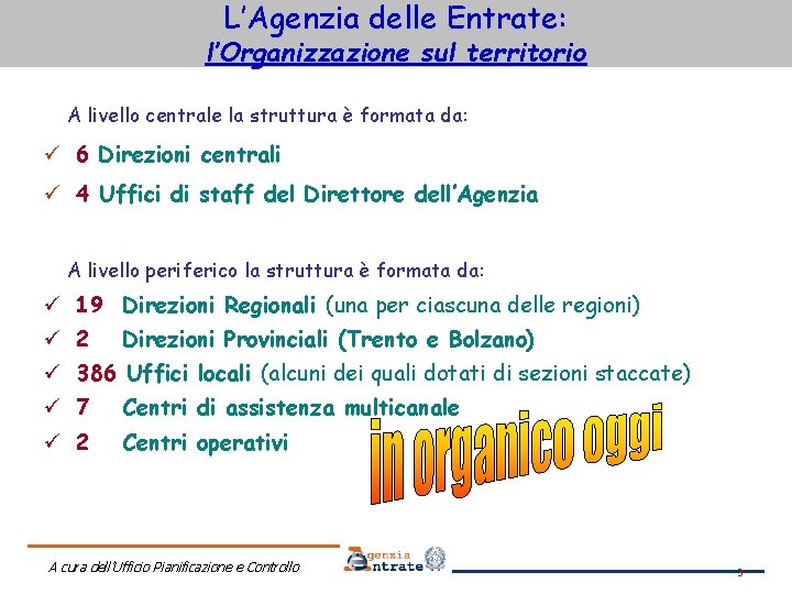 L’Agenzia delle Entrate: l’Organizzazione sul territorio A livello centrale la struttura è formata da: