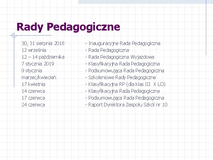Rady Pedagogiczne 30, 31 sierpnia 2018 12 września 12 – 14 października 7 stycznia