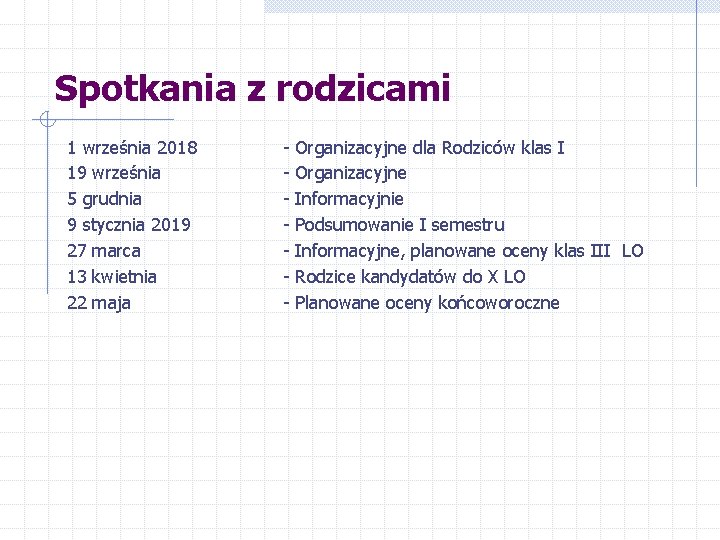 Spotkania z rodzicami 1 września 2018 19 września 5 grudnia 9 stycznia 2019 27