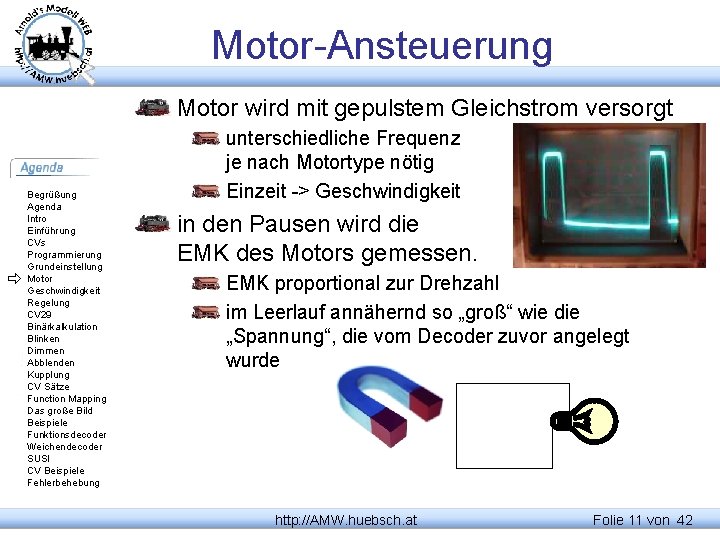 Motor-Ansteuerung Motor wird mit gepulstem Gleichstrom versorgt Begrüßung Agenda Intro Einführung CVs Programmierung Grundeinstellung