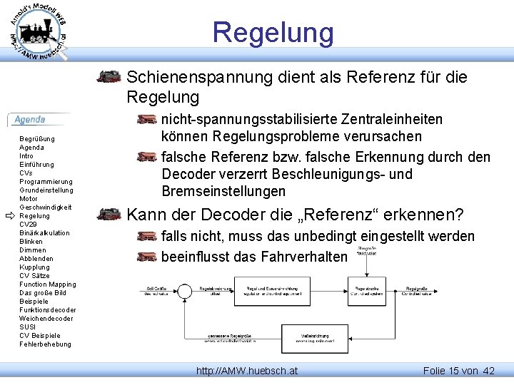 Regelung Schienenspannung dient als Referenz für die Regelung Begrüßung Agenda Intro Einführung CVs Programmierung