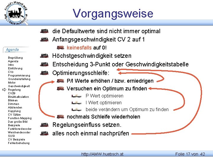 Vorgangsweise die Defaultwerte sind nicht immer optimal Anfangsgeschwindigkeit CV 2 auf 1 keinesfalls auf