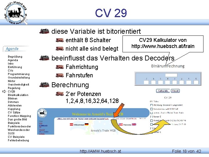 CV 29 diese Variable ist bitorientiert enthält 8 Schalter nicht alle sind belegt Begrüßung