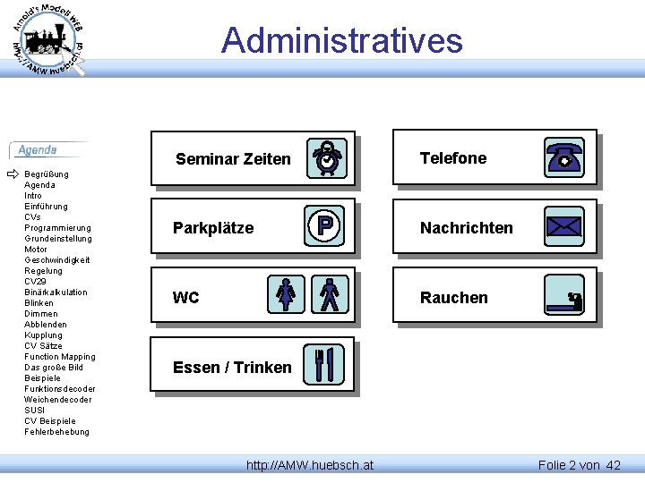 Administratives Begrüßung Agenda Intro Einführung CVs Programmierung Grundeinstellung Motor Geschwindigkeit Regelung CV 29 Binärkalkulation