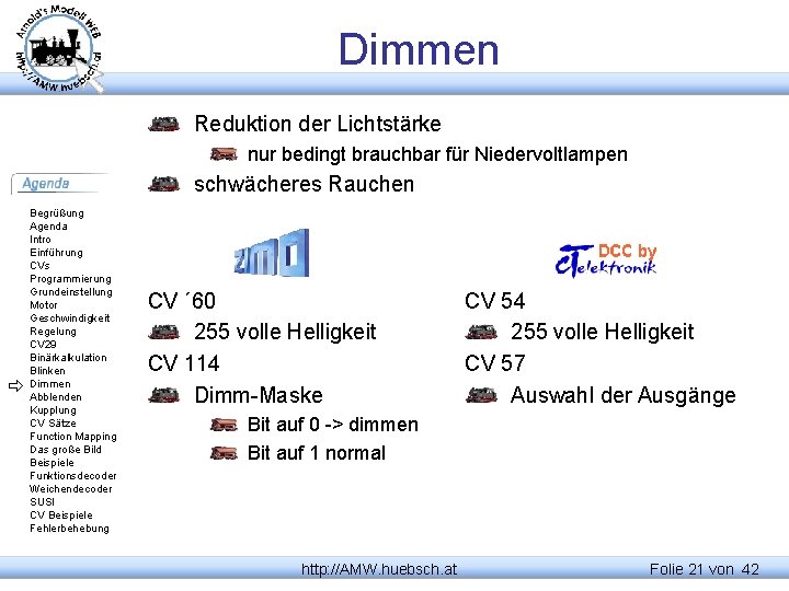 Dimmen Reduktion der Lichtstärke nur bedingt brauchbar für Niedervoltlampen schwächeres Rauchen Begrüßung Agenda Intro