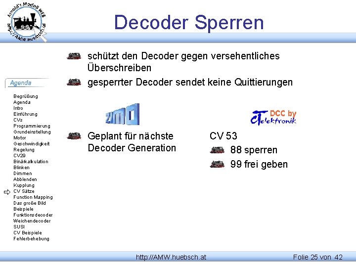 Decoder Sperren schützt den Decoder gegen versehentliches Überschreiben gesperrter Decoder sendet keine Quittierungen Begrüßung